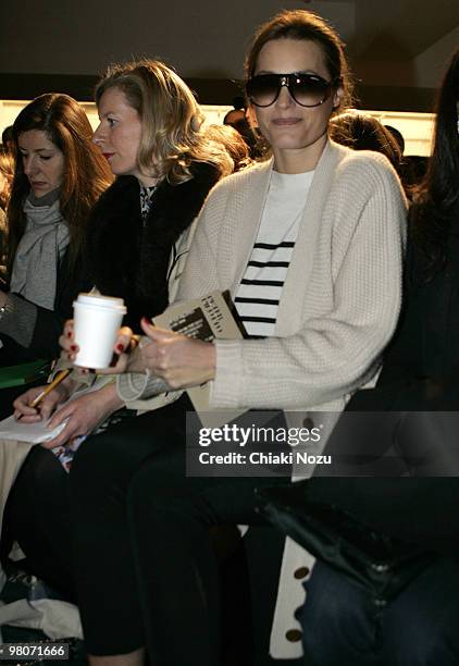 Feb-10: Yasmin Le Bon poses on the front row at the Peter Pilotto show for London Fashion Week Autumn/Winter 2010 at Selfridges on February 23, 2010...