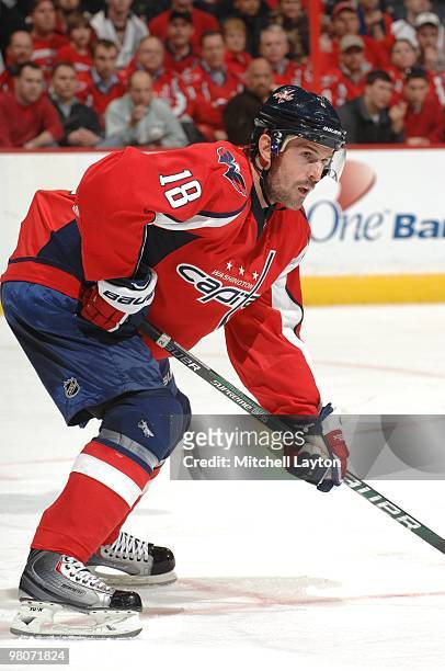 Eric Belanger of the Washington Capitals looks on during a NHL hockey game against the Dallas Stars on March 8, 2010 at the Verizon Center in...