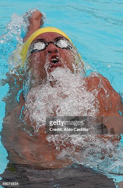 Leonardo Deus of Brazil in action during the 200 meter backstroke male category as part of the 2010 Odesur South America Games on March 26, 2010 in...