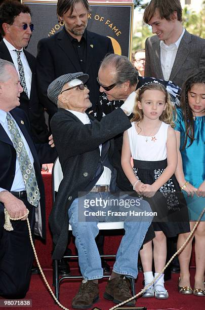 Actor Dennis Hopper,who was honored with the 2,403rd Star on the Hollywood Walk of Fame is congratulated by Jack Nicholson, actor, watched on by City...