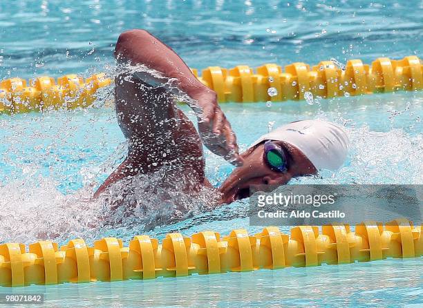 Miguel Davila of Colombia in action during the 800 meter free male category as part of the 2010 Odesur South America Games on March 26, 2010 in...