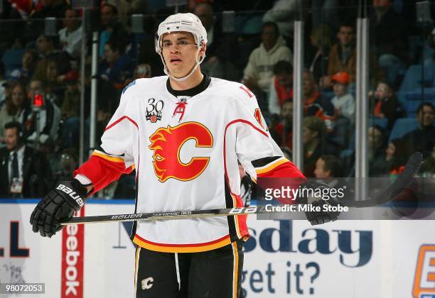 Rene Bourque of the Calgary Flames skates against the New York Islanders on March 25, 2010 at Nassau Coliseum in Uniondale, New York. Islanders...