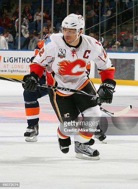 Jarome Iginla of the Calgary Flames skates against the New York Islanders on March 25, 2010 at Nassau Coliseum in Uniondale, New York. Islanders...