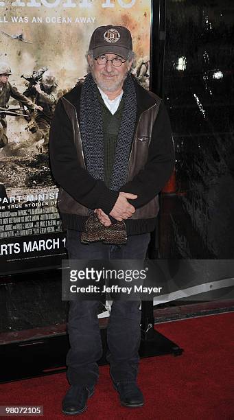 Director/Executive Producer Steven Spielberg arrives at the Los Angeles premiere of "The Pacific" at Grauman's Chinese Theatre on February 24, 2010...