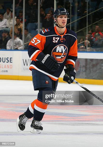 Blake Comeau of the New York Islanders skates against the Calgary Flames on March 25, 2010 at Nassau Coliseum in Uniondale, New York. Islanders...