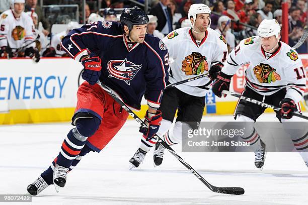 Defenseman Fedor Tyutin of the Columbus Blue Jackets skates against the Chicago Blackhawks on March 25, 2010 at Nationwide Arena in Columbus, Ohio.