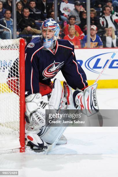 Goaltender Steve Mason of the Columbus Blue Jackets guards the net against the Chicago Blackhawks on March 25, 2010 at Nationwide Arena in Columbus,...