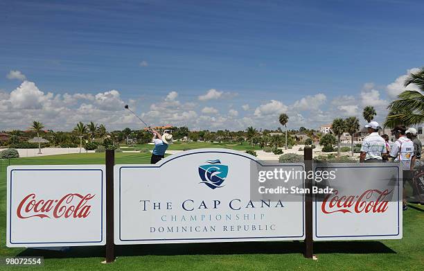 Tom Kite hits from the fifth tee box during the first round of The Cap Cana Championship on March 26, 2010 on the Jack Nicklaus Course at Punta...