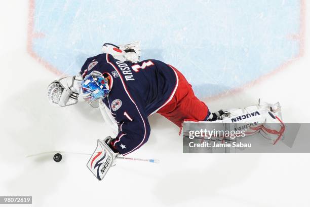 Goaltender Steve Mason of the Columbus Blue Jackets makes a save against the Chicago Blackhawks on March 25, 2010 at Nationwide Arena in Columbus,...