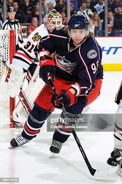 Forward Jakub Voracek of the Columbus Blue Jackets skates against the Chicago Blackhawks on March 25, 2010 at Nationwide Arena in Columbus, Ohio.