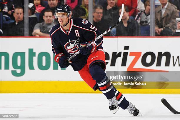 Forward Antoine Vermette of the Columbus Blue Jackets skates against the Chicago Blackhawks on March 25, 2010 at Nationwide Arena in Columbus, Ohio.