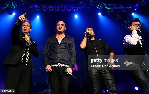 The Backstreet Boys perform on stage in concert on the Sydney stop of their "This Is Us" world tour at the Sydney Entertainment Centre on March 6,...
