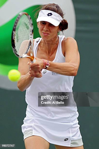 Tzvetana Pironkova of Bulgaria returns a shot against Caroline Wozniacki of Denmark during day four of the 2010 Sony Ericsson Open at Crandon Park...