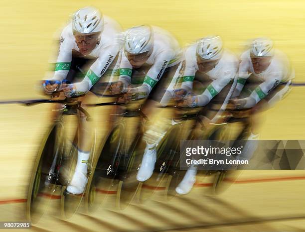Australia in action during the Men's Team Pursuit on Day Three of the UCI Track Cycling World Championships at the Ballerup Super Arena on March 26,...