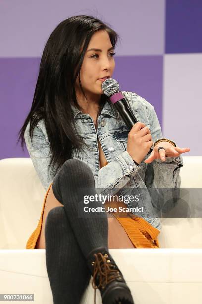 Anna Akana speaks onstage during the 'Boss Women Who Kick Ass' panel at the 9th Annual VidCon at Anaheim Convention Center on June 20, 2018 in...