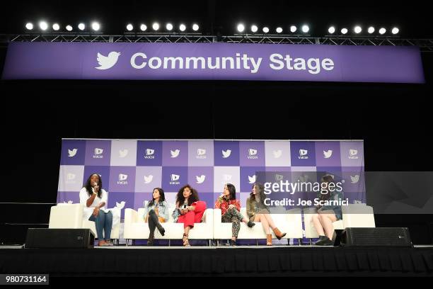 Erika Bennett, Anna Akana, Shan Boody, Ashly Perez, Miranda Sings and Karina Garcia speak onstage during the 'Boss Women Who Kick Ass' panel at the...