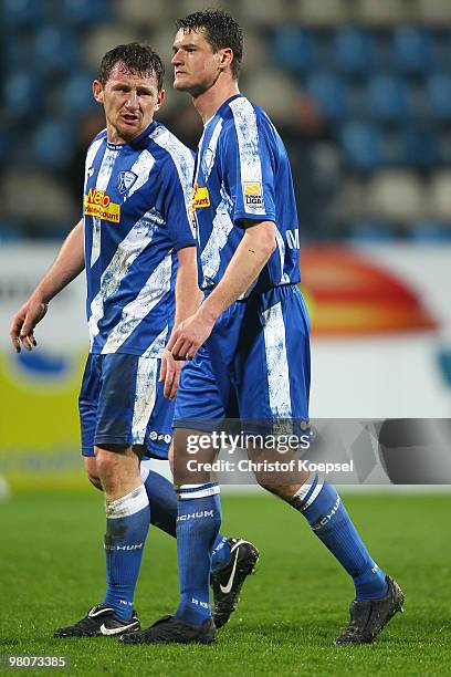 Paul Freier and Marcel Maltritz of Bochum look dejected after losing 1-2 the Bundesliga match between VfL Bochum and Eintracht Frankfurt at...