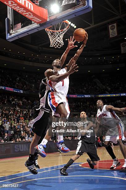 Ben Gordon of the Detroit Pistons shoots a layup during the game against the San Antonio Spurs at the Palace of Auburn Hills on February 21, 2010 in...