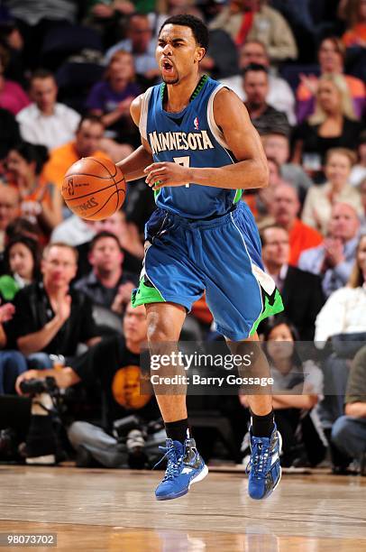 Ramon Sessions of the Minnesota Timberwolves moves the ball up court during the game against the Phoenix Suns at U.S. Airways Center on March 16,...