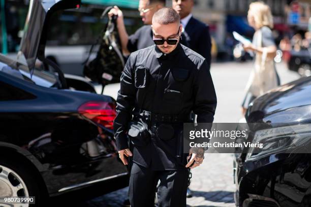Singer J. Balvin is seen outside Louis Vuitton on day three of Paris Fashion Week Menswear SS19 on June 21, 2018 in Paris, France.