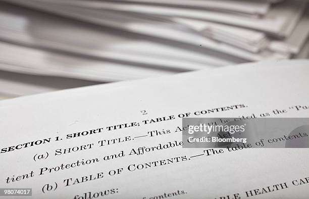 Portion of the 2,409 page H.R. 3590, the Patient Protection and Affordable Care Act, is displayed for a photograph in New York, U.S., on Friday,...