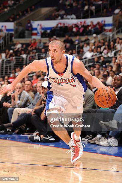 Steve Blake of the Los Angeles Clippers moves the ball against the Atlanta Hawks during the game at Staples Center on February 17, 2010 in Los...