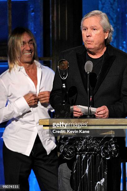 Inductees Iggy Pop and James Williamson of The Stooges onstage at the 25th Annual Rock and Roll Hall of Fame Induction Ceremony at Waldorf=Astoria on...