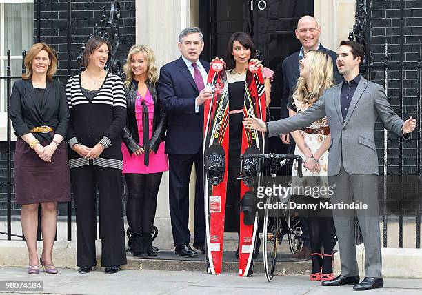 Helen Skelton, Sarah Brown, Gordon Brown, Lawrence Dallaglio, Chrsitine Bleakley, Fearne Cotton and Jimmy Carr pose at Number 10 Downing Street for...