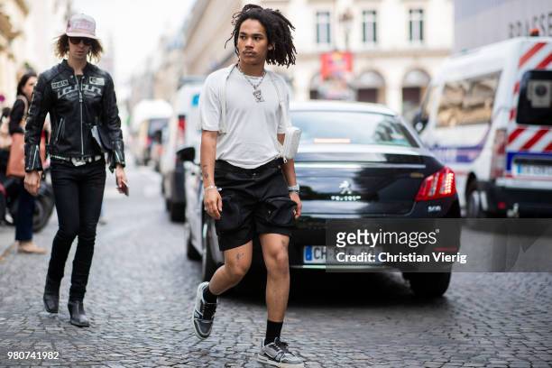 Luka Sabbat wearing shorts is seen outside Louis Vuitton on day three of Paris Fashion Week Menswear SS19 on June 21, 2018 in Paris, France.