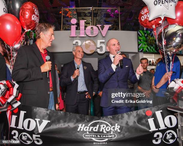 Mayor Andrew "FoFo" Gilich, Todd Raziano and Armando Christian Perez aka Pitbull attend the grand opening of iLov305 at Hard Rock Hotel and Casino...