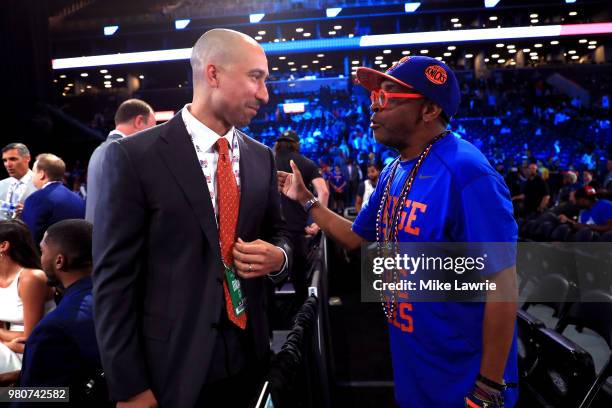 Head coach Shaka Smart of the Texas Longhorns speaks to director Spike Lee during the 2018 NBA Draft at the Barclays Center on June 21, 2018 in the...