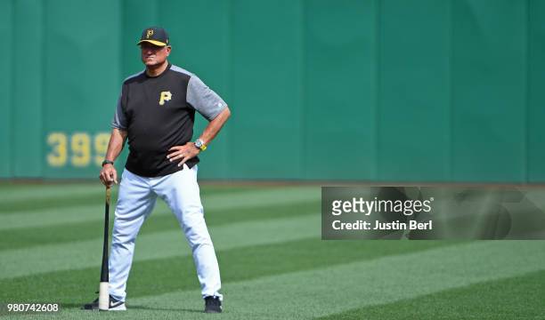 Clint Hurdle of the Pittsburgh Pirates watches batting practice before the game against the Arizona Diamondbacks at PNC Park on June 21, 2018 in...