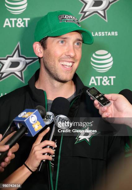 Ben Bishop of the Dallas Stars is interviewed after the Top Prospects Youth Hockey Clinic at the Dr. Pepper StarCenter as part of the 2018 NHL Entry...