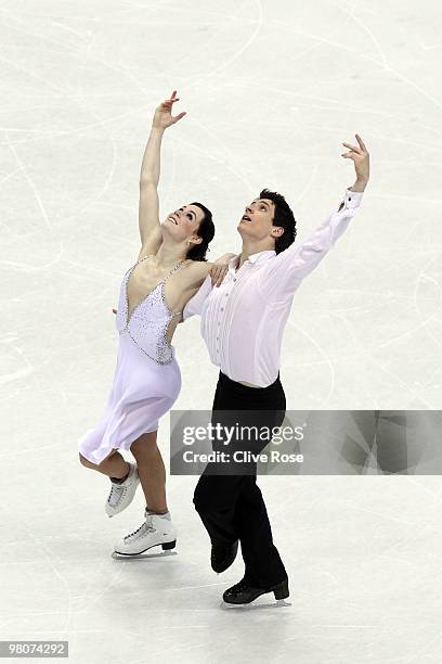 Tessa Virtue and Scott Moir of Canada compete in the Ice Dance Free Dance during the 2010 ISU World Figure Skating Championships on March 26, 2010 at...