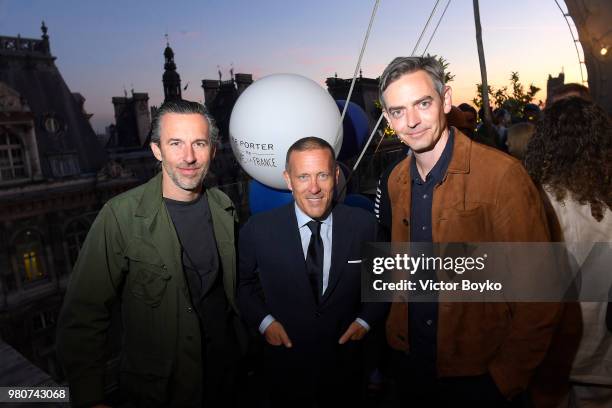 Pierre Maheo, Scott Schuman and Toby Bateman attend the Cocktail Party for Mr Porter at Perchoir Du Marais as part of Paris Fashion Week on June 21,...