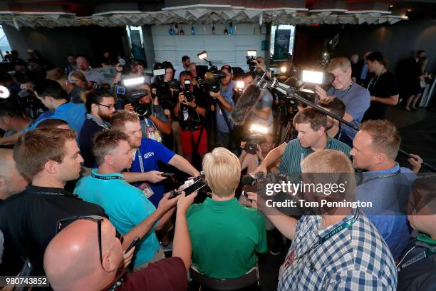 Draft top prospect Rasmus Dahlin of Sweden talks with the media at Reunion Tower ahead of the NHL Draft on June 21, 2018 in Dallas, Texas.