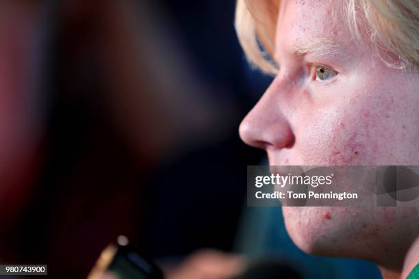 Draft top prospect Rasmus Dahlin of Sweden talks with the media at Reunion Tower ahead of the NHL Draft on June 21, 2018 in Dallas, Texas.