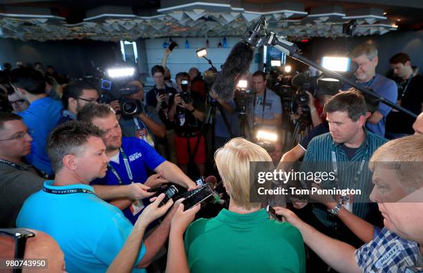 Draft top prospect Rasmus Dahlin of Sweden talks with the media at Reunion Tower ahead of the NHL Draft on June 21, 2018 in Dallas, Texas.