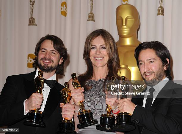 Writer Mark Boal, director Kathryn Bigelow and producer Greg Shapiro pose in the press room at the 82nd Annual Academy Awards held at the Kodak...