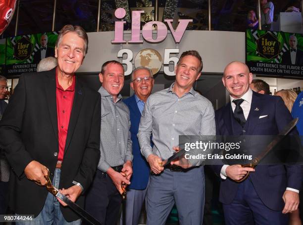 Mayor Andrew "FoFo" Gilich, Mike Barlow, Phil Juliano, George Papanier and Armando Christian Perez aka Pitbull attend the grand opening of iLov305 at...