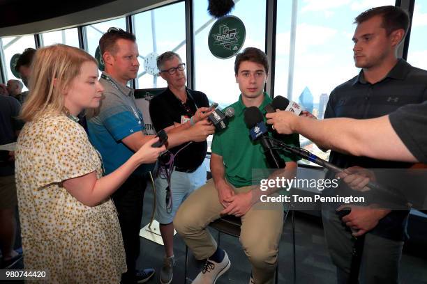 Draft top prospect Quintin Hughes talks with the media at Reunion Tower ahead of the NHL Draft on June 21, 2018 in Dallas, Texas.