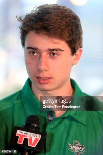 Draft top prospect Quintin Hughes talks with the media at Reunion Tower ahead of the NHL Draft on June 21, 2018 in Dallas, Texas.