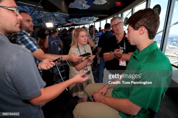 Draft top prospect Quintin Hughes talks with the media at Reunion Tower ahead of the NHL Draft on June 21, 2018 in Dallas, Texas.