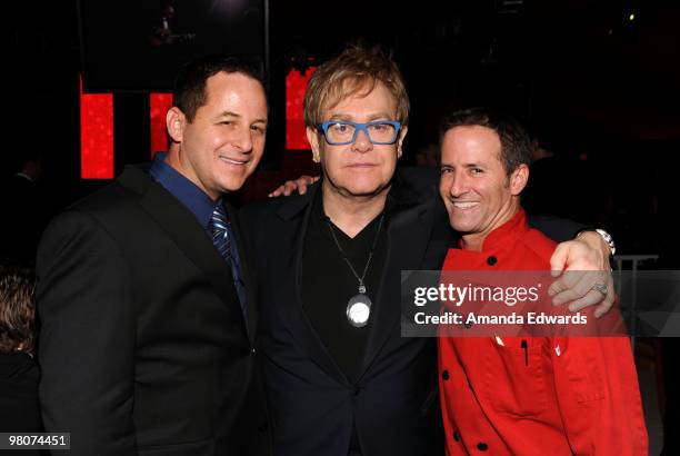 Restaurant owner Chris Diamond, musician Elton John and chef Wayne Elias attend the Elton John AIDS Foundation Oscar Viewing Party at the Pacific...