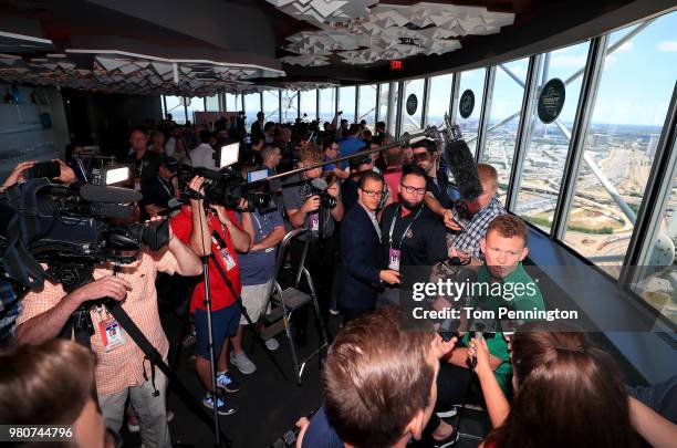 Draft top prospect Brady Tkachuk talks with the media at Reunion Tower ahead of the NHL Draft on June 21, 2018 in Dallas, Texas.