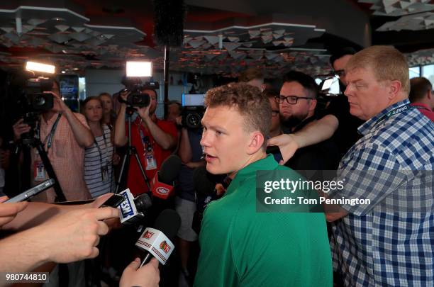 Draft top prospect Brady Tkachuk talks with the media at Reunion Tower ahead of the NHL Draft on June 21, 2018 in Dallas, Texas.