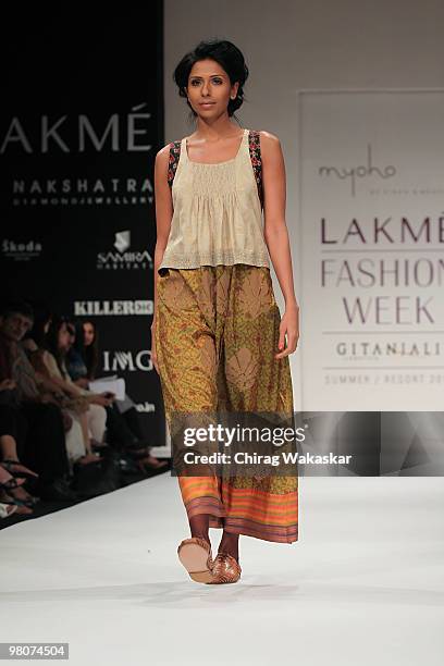 Model walks the runway in an Myoho design at the Lakme India Fashion Week Day 4 held at Grand Hyatt Hotel on March 8, 2010 in Mumbai, India.