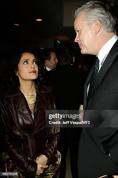 Actors Salma Hayek and Tim Robbins attend the 2010 Vanity Fair Oscar Party hosted by Graydon Carter at the Sunset Tower Hotel on March 7, 2010 in...