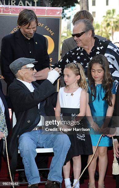 Actor Dennis Hopper,who was honored with the 2,403rd Star on the Hollywood Walk of Fame is congratulated by Jack Nicholson, actor, watched on by...