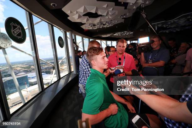 Draft top prospect Andrei Svechnikov of Russia talks with the media at Reunion Tower ahead of the NHL Draft on June 21, 2018 in Dallas, Texas.